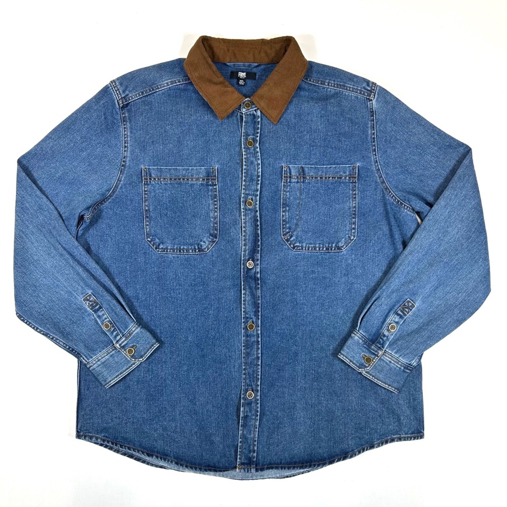 Frye Womens XXL Blue Denim Button Down Shirt Brown Corduroy Collar 110043392